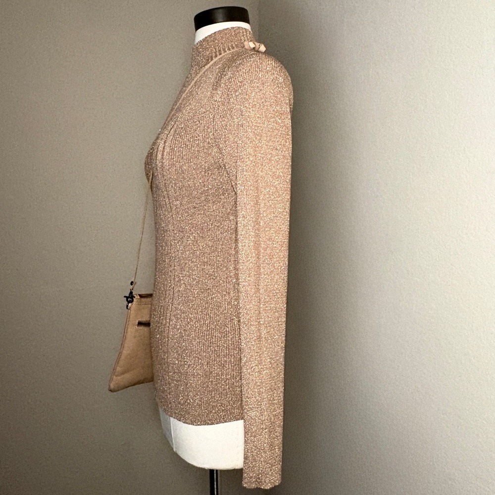 Lauren Ralph Lauren Gold Metallic Sweater Size S 4 Mock Neck Art Deco Geometric - Picture 6 of 16